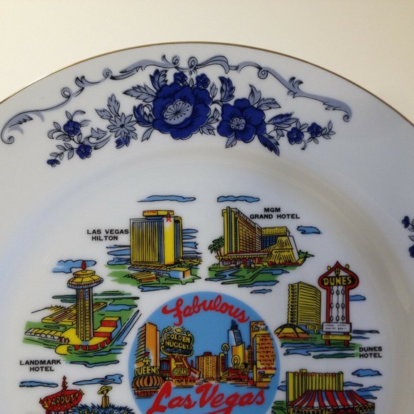 Vintage Schiff Las Vegas Souvenir Plate Gold Trim Sahara Stardust Hilton 10.25" - Picture 3 of 12